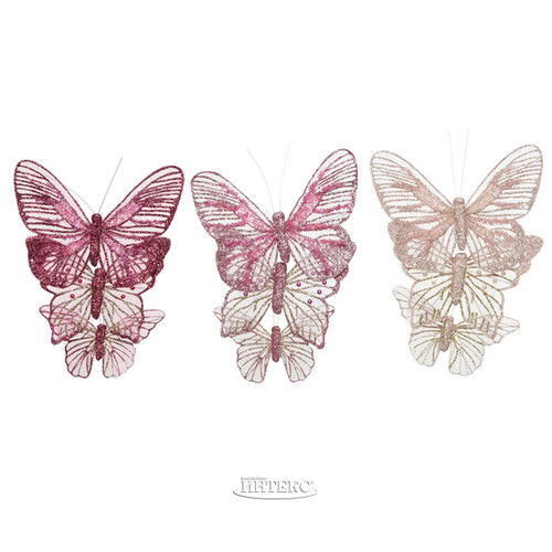 Набор декоративных украшений Бабочки Orecolo 11-14 см, 3 шт, розовый, клипса Kaemingk