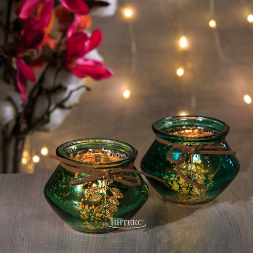 Стеклянный подсвечник для чайной свечи Фарфаллино 9 см зеленый бархат Kaemingk