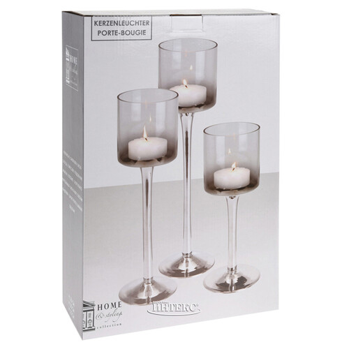 Набор стеклянных подсвечников - бокалов Iwein 25-35 см, 3 шт, дымчатый Koopman