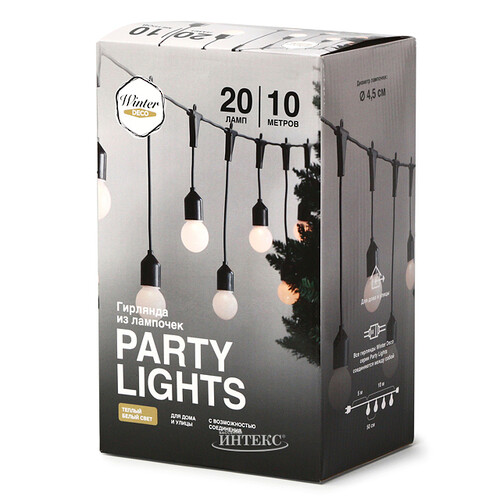Гирлянда-бахрома из лампочек Party Lights 10 м, 20 ламп, теплые белые LED, черный ПВХ, соединяемая, IP44 Winter Deco