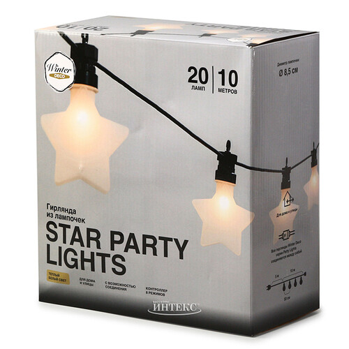 Гирлянда из лампочек Star Party Lights 10 м, 20 ламп, теплые белые LED, черный ПВХ, соединяемая, контроллер, IP44 Winter Deco