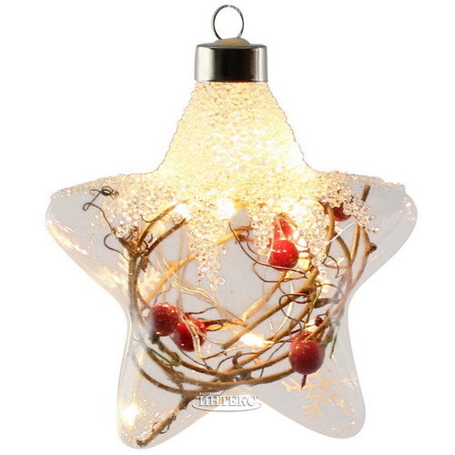 Светящаяся елочная игрушка Звезда - Frosty Cranberries 12 см, 12 теплых белых LED ламп, на батарейках, стекло Peha