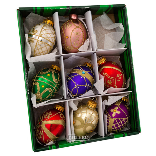 Набор стеклянных елочных игрушек Яйца: Лион де Гарде 5 см, 9 шт, подвеска Kurts Adler