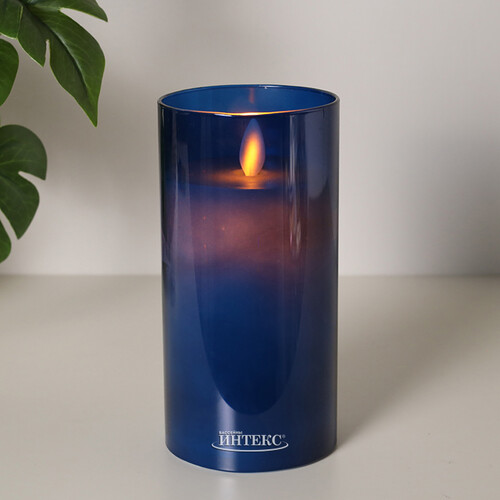 Светодиодная свеча с имитацией пламени Magic Flame в стакане 15 см синяя Peha