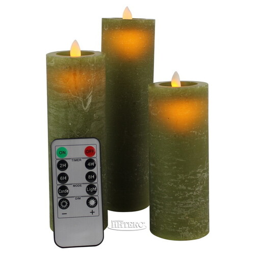 Набор свечей с имитацией пламени Arevallo 7-15 см, 3 шт, оливковые, с пультом управления, батарейка Peha