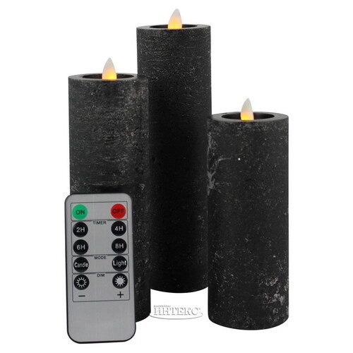 Набор свечей с имитацией пламени Arevallo 7-15 см, 3 шт, антрацитовые, с пультом управления, батарейка Peha