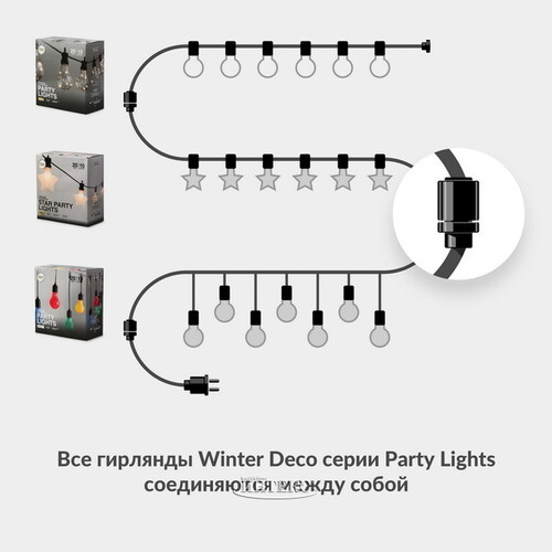 Гирлянда из лампочек Big Party Lights 5 м, 10 ламп, теплые белые LED, черный ПВХ, соединяемая, IP44 Winter Deco