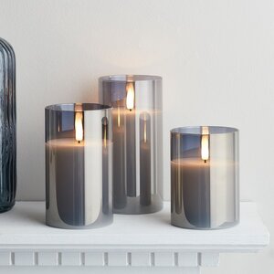 Набор светодиодных свечей с имитацией пламени Одри: Grey 13-17 см, 3 шт на батарейках, таймер (Kaemingk, Нидерланды). Артикул: ID76228