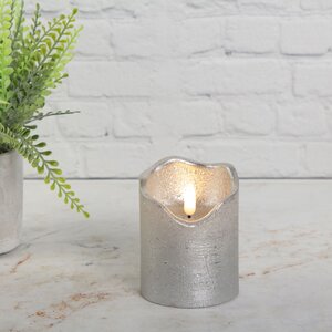 Светодиодная свеча с имитацией пламени Стелла 9 см серебряная восковая, на батарейках, таймер (Kaemingk, Нидерланды). Артикул: ID76237
