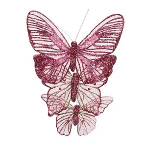Набор декоративных украшений Бабочки Orecolo 11-14 см, 3 шт, темно-розовый, клипса (Kaemingk, Нидерланды). Артикул: 521096-3
