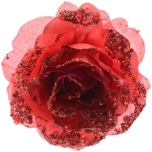 Роза Искристая 14 см красная, клипса (Kaemingk, Нидерланды). Артикул: ID34802