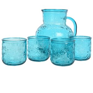 Набор для воды Роксолана: кувшин + 4 стакана, бирюзовый, стекло (Kaemingk, Нидерланды). Артикул: ID64356