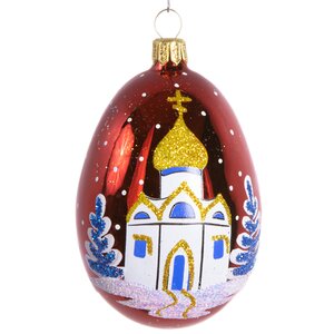 Стеклянная елочная игрушка Яйцо Камелия 8 см красное, подвеска (Фабрика Елочка, Россия). Артикул: С726-кр