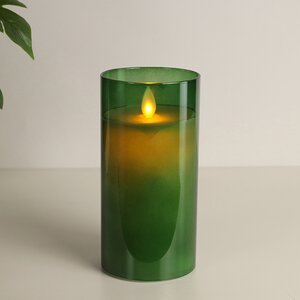 Светодиодная свеча с имитацией пламени Magic Flame в стакане 15 см зеленая Peha фото 1