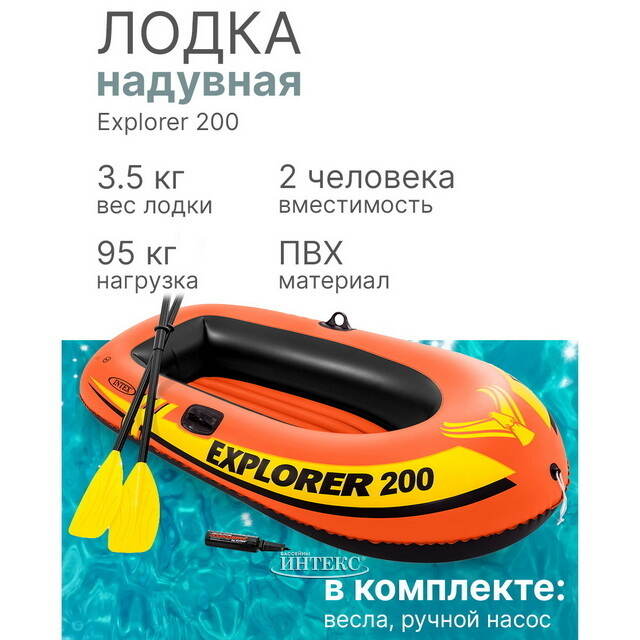 Надувная лодка Explorer-200-Set двухместная 185*94*41 см + насос и весла INTEX