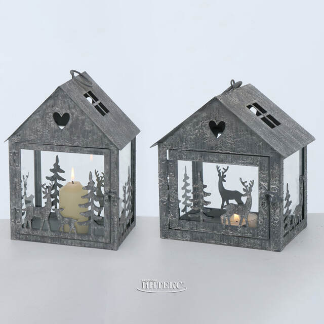 Набор подсвечников-домиков Олени в Лесу 16-27 см серый, 2 шт Boltze (Больтце)
