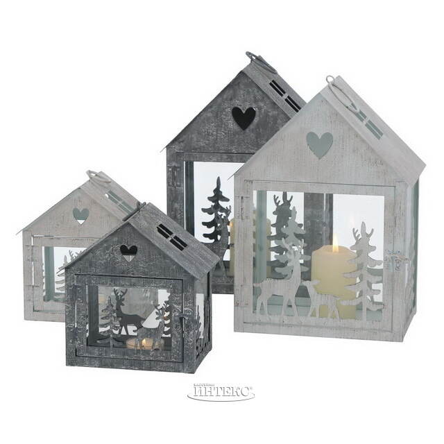 Набор подсвечников-домиков Олени в Лесу 16-27 см серый, 2 шт Boltze (Больтце)