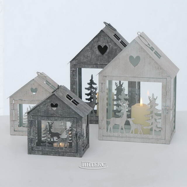 Набор подсвечников-домиков Олени в Лесу 16-27 см серый, 2 шт Boltze (Больтце)