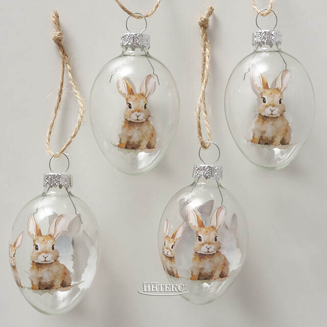 Пасхальные украшения Яйца Пушистые Кролики 7 см глянцевые, 4 шт Boltze (Больтце)