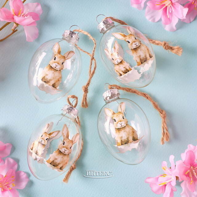 Пасхальные украшения Яйца Пушистые Кролики 7 см глянцевые, 4 шт Boltze (Больтце)