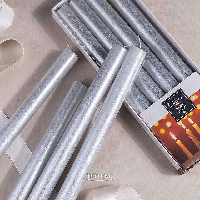 Высокие свечи Серебряный Металлик 25*2.2 см, 4 шт Kaemingk