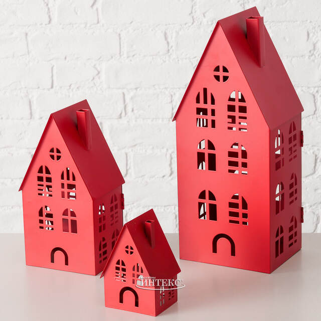 Набор подсвечников - домиков Белфаст 13-38 см красный, 3 шт Boltze (Больтце)