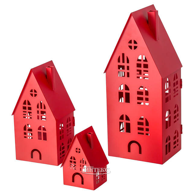 Набор подсвечников - домиков Белфаст 13-38 см красный, 3 шт Boltze (Больтце)