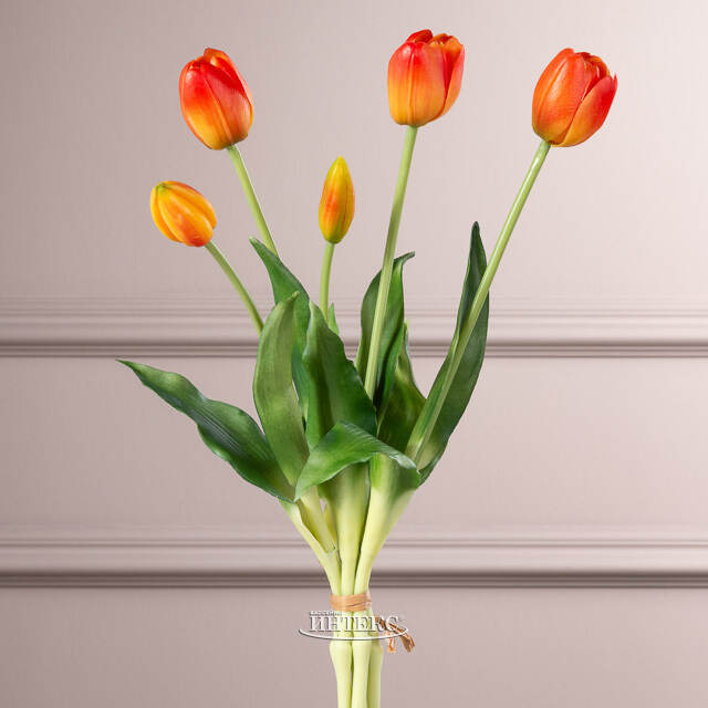 Силиконовые тюльпаны Spring Sun 5 шт, 40 см оранжевые EDG