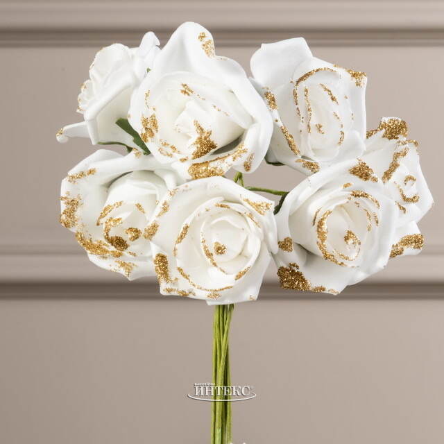 Искусственные розы для декора Lallita 18 см, 7 шт, белые с золотым Ideas4Seasons