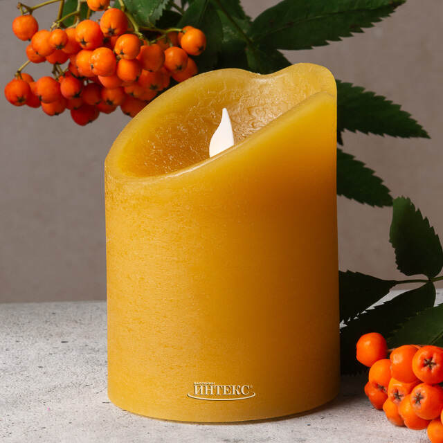 Светодиодная свеча Живое Пламя 10 см горчичная восковая на батарейках Kaemingk