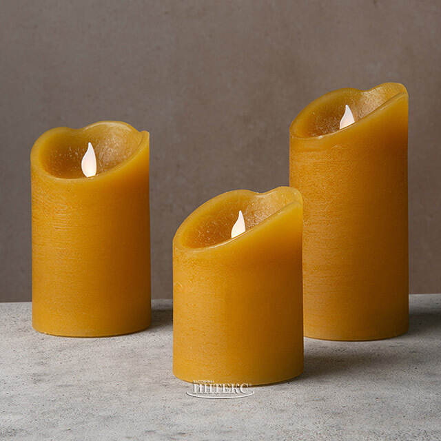 Светодиодная свеча Живое Пламя 15 см горчичная восковая на батарейках Kaemingk