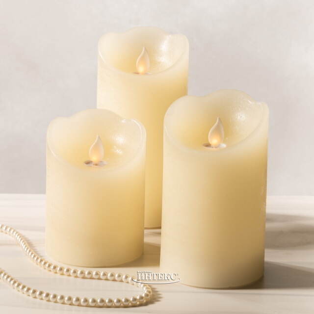 Набор восковых светодиодных свечей Живое Пламя 10-15 см, 3 шт, с пультом управления, кремовый, на батарейках Kaemingk (Кейминг)