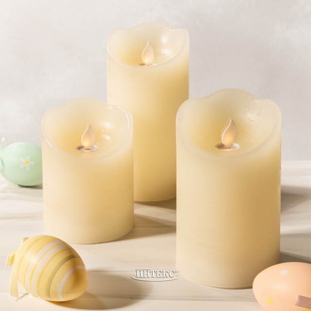 Набор восковых светодиодных свечей Живое Пламя 10-15 см, 3 шт, с пультом управления, кремовый, на батарейках Kaemingk (Кейминг)