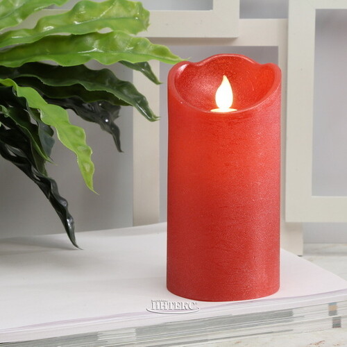 Светодиодная свеча Живое Пламя 15 см красная восковая на батарейках, таймер Kaemingk