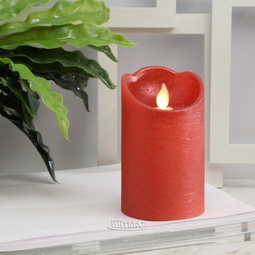 Светодиодная свеча Живое Пламя 12.5 см красная восковая на батарейках, таймер Kaemingk