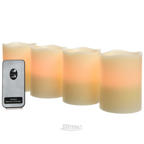 Набор восковых светодиодных свечей Клемон 10*7.5 см, 4 шт с пультом управления, на батарейках Kaemingk