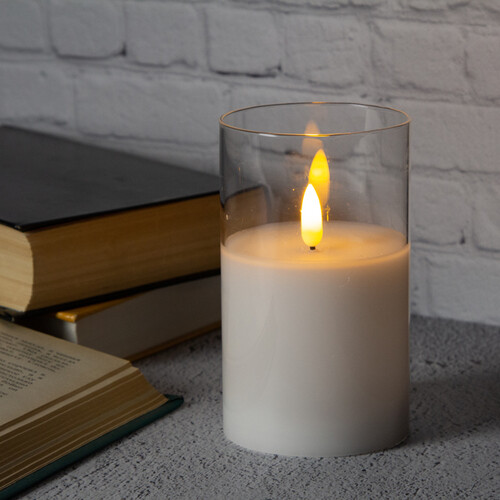 Светодиодная свеча в колбе с живым пламенем Одри 13 см в прозрачном стакане, на батарейках Kaemingk