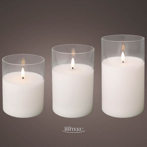 Набор светодиодных свечей с имитацией пламени Одри: White 13-17 см, 3 шт на батарейках, таймер Kaemingk