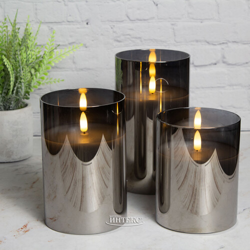 Набор светодиодных свечей с имитацией пламени Одри: Grey 13-17 см, 2 шт на батарейках, таймер, уцененный Kaemingk