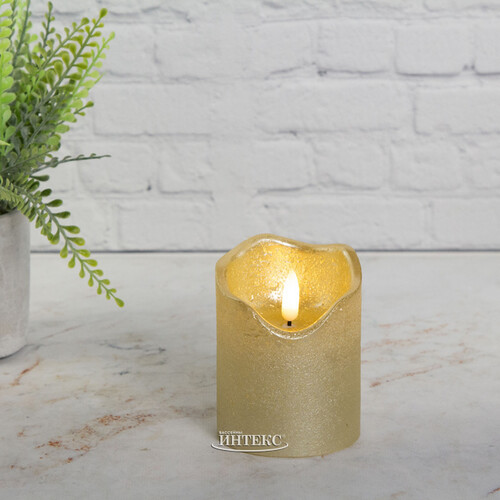 Светодиодная свеча с имитацией пламени Стелла 9 см золотая восковая, на батарейках, таймер Kaemingk