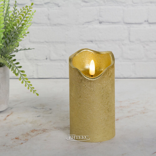 Светодиодная свеча с имитацией пламени Стелла 13 см золотая восковая, на батарейках, таймер Kaemingk