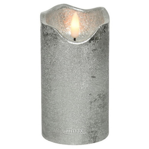 Светодиодная свеча с имитацией пламени Стелла 13 см серебряная восковая, на батарейках, таймер Kaemingk