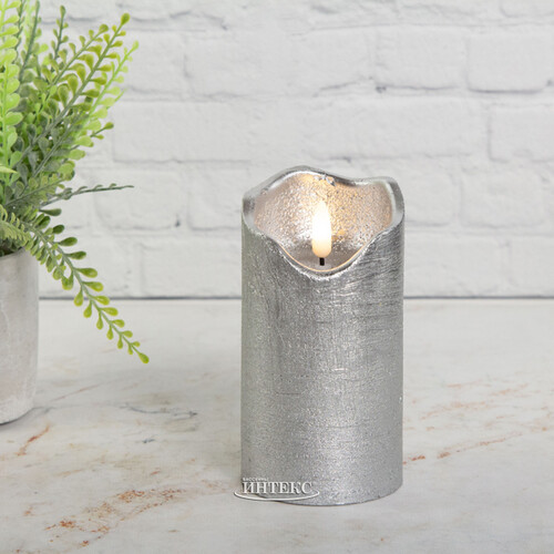 Светодиодная свеча с имитацией пламени Стелла 13 см серебряная восковая, на батарейках, таймер Kaemingk