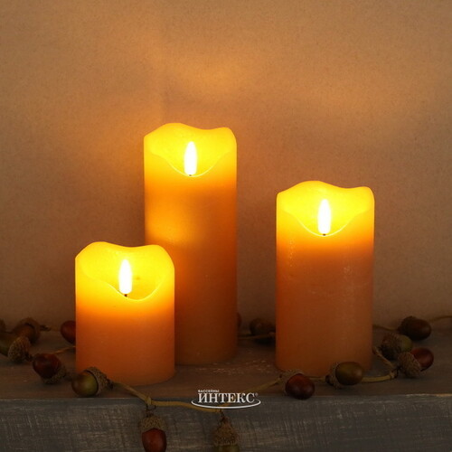 Светодиодная свеча с имитацией пламени Стелла 17 см миндальная восковая, на батарейках, таймер Kaemingk