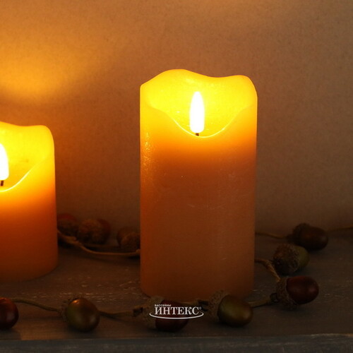Светодиодная свеча с имитацией пламени Стелла 13 см миндальная восковая, на батарейках, таймер Kaemingk