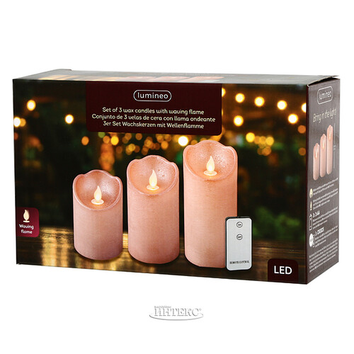 Набор светодиодных свечей с имитацией пламени Narcis Rose 10-15 см, 3 шт с пультом управления, на батарейках Kaemingk
