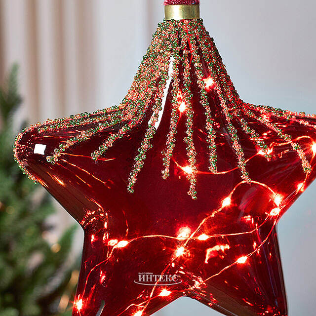 Подвесной светильник Денали - Звезда 20 см, 15 микро LED ламп, красный, таймер, на батарейках, стекло Kaemingk