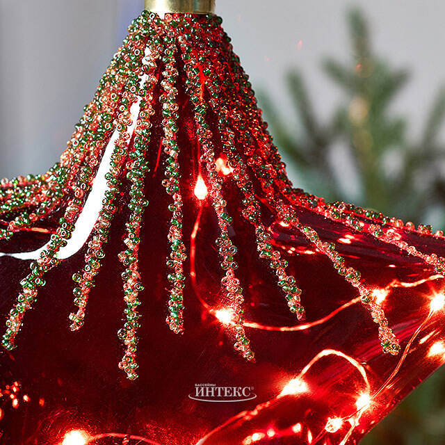 Подвесной светильник Денали - Звезда 20 см, 15 микро LED ламп, красный, таймер, на батарейках, стекло Kaemingk