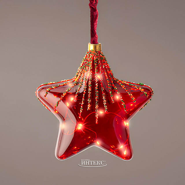 Подвесной светильник Денали - Звезда 20 см, 15 микро LED ламп, красный, таймер, на батарейках, стекло Kaemingk