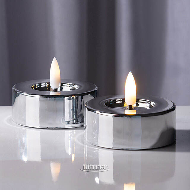 Чайная светодиодная свеча Лейден серебряная 7*6 см, 2 шт, на батарейках Kaemingk